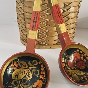 Vtg Russian Spoons Majakovski Folk Art Hand Painted Wooden Ladles Spoons Set 2